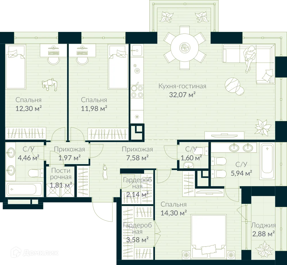 Планировка 4-комнатной квартиры 101.17 м² в ЖК URMAN Сity (Урман Сити), г. Уфа — фото 1