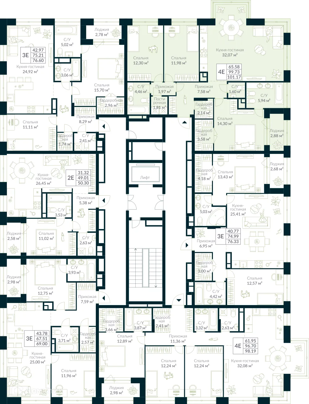 Планировка 4-комнатной квартиры 101.17 м² в ЖК URMAN Сity (Урман Сити), г. Уфа — фото 2