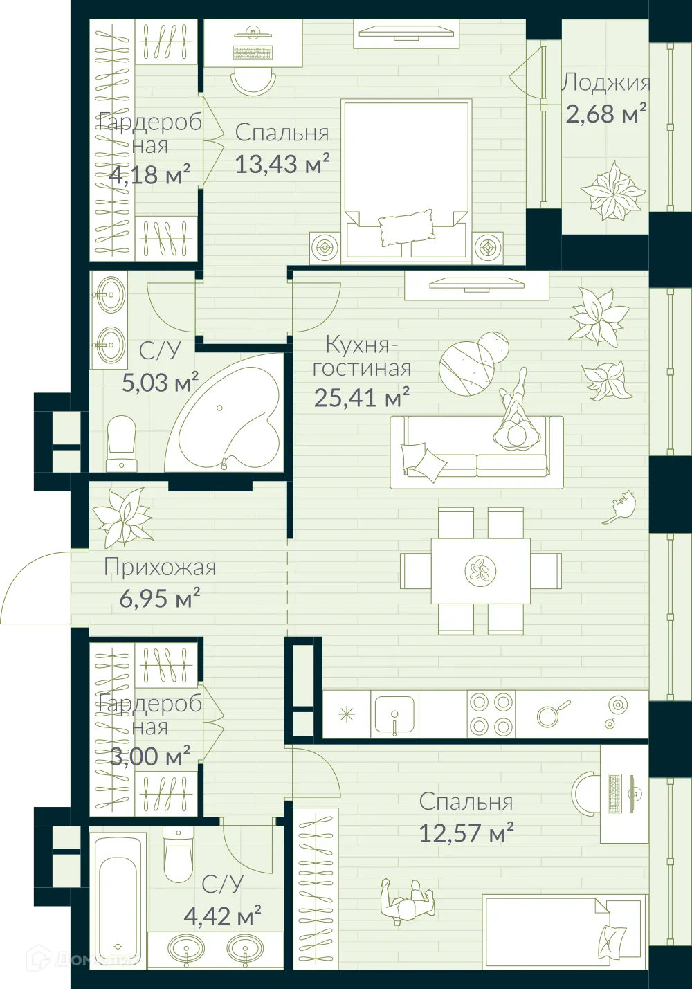 Планировка 3-комнатной квартиры 76.33 м² в ЖК URMAN Сity (Урман Сити), г. Уфа — фото 1