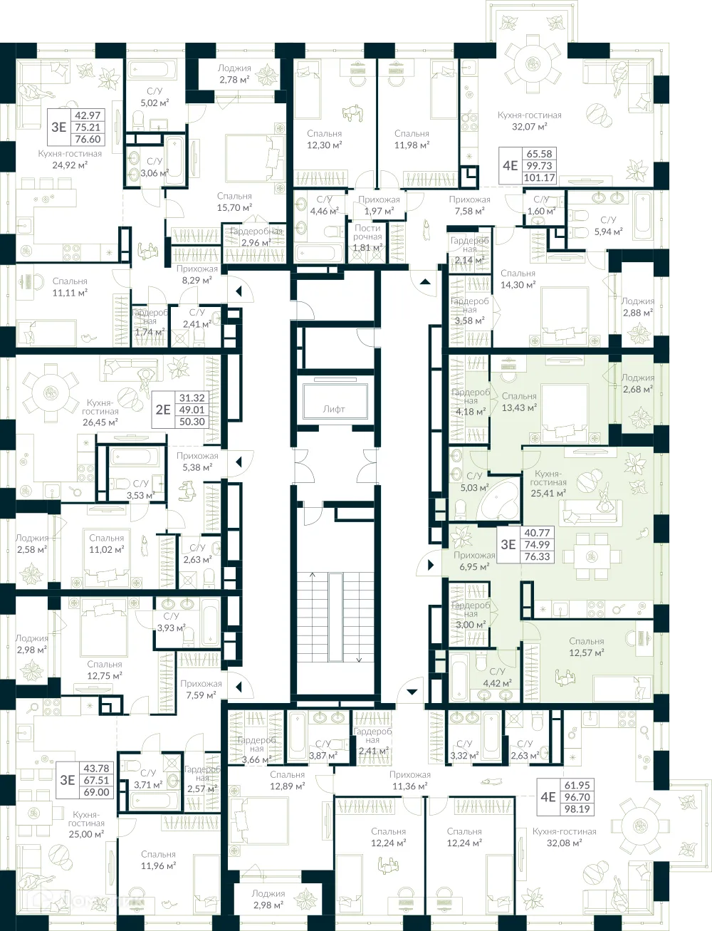 Планировка 3-комнатной квартиры 76.33 м² в ЖК URMAN Сity (Урман Сити), г. Уфа — фото 2