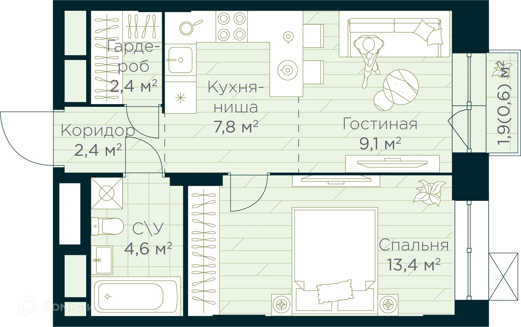 Планировка 2-комнатной квартиры 40.3 м² в ЖК URMAN Сity (Урман Сити), г. Уфа — фото 1