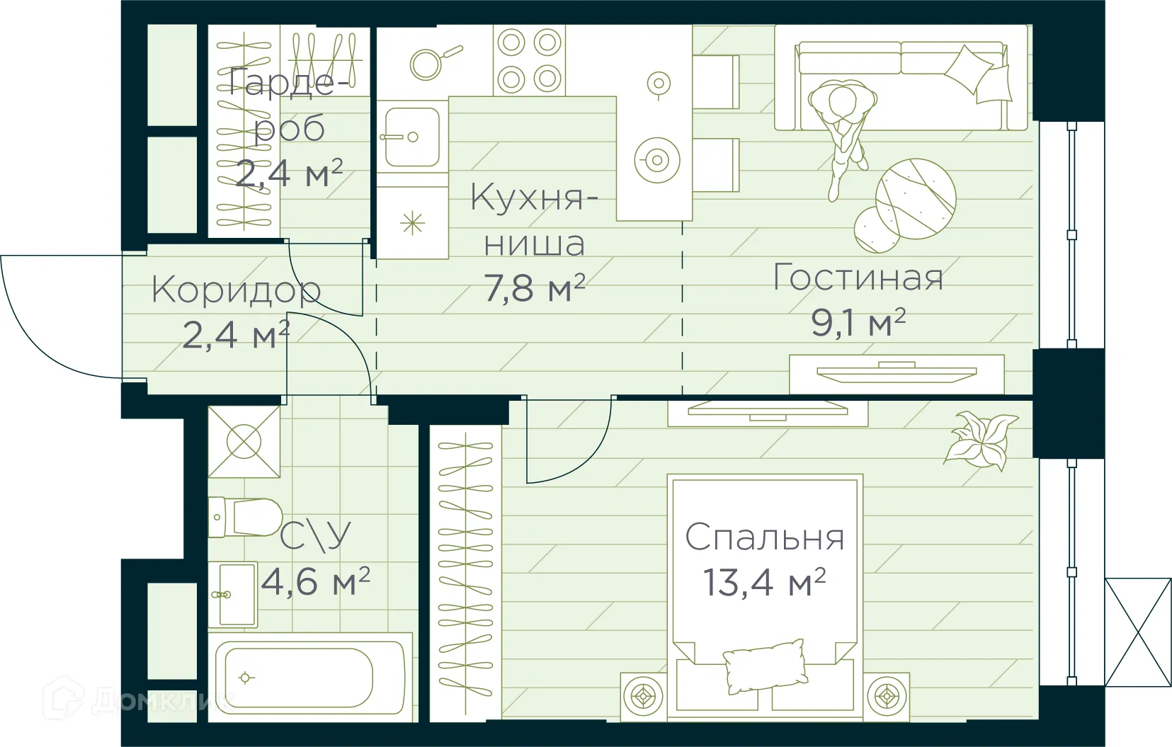 Планировка 2-комнатной квартиры 39.7 м² в ЖК URMAN Сity (Урман Сити), г. Уфа — фото 1