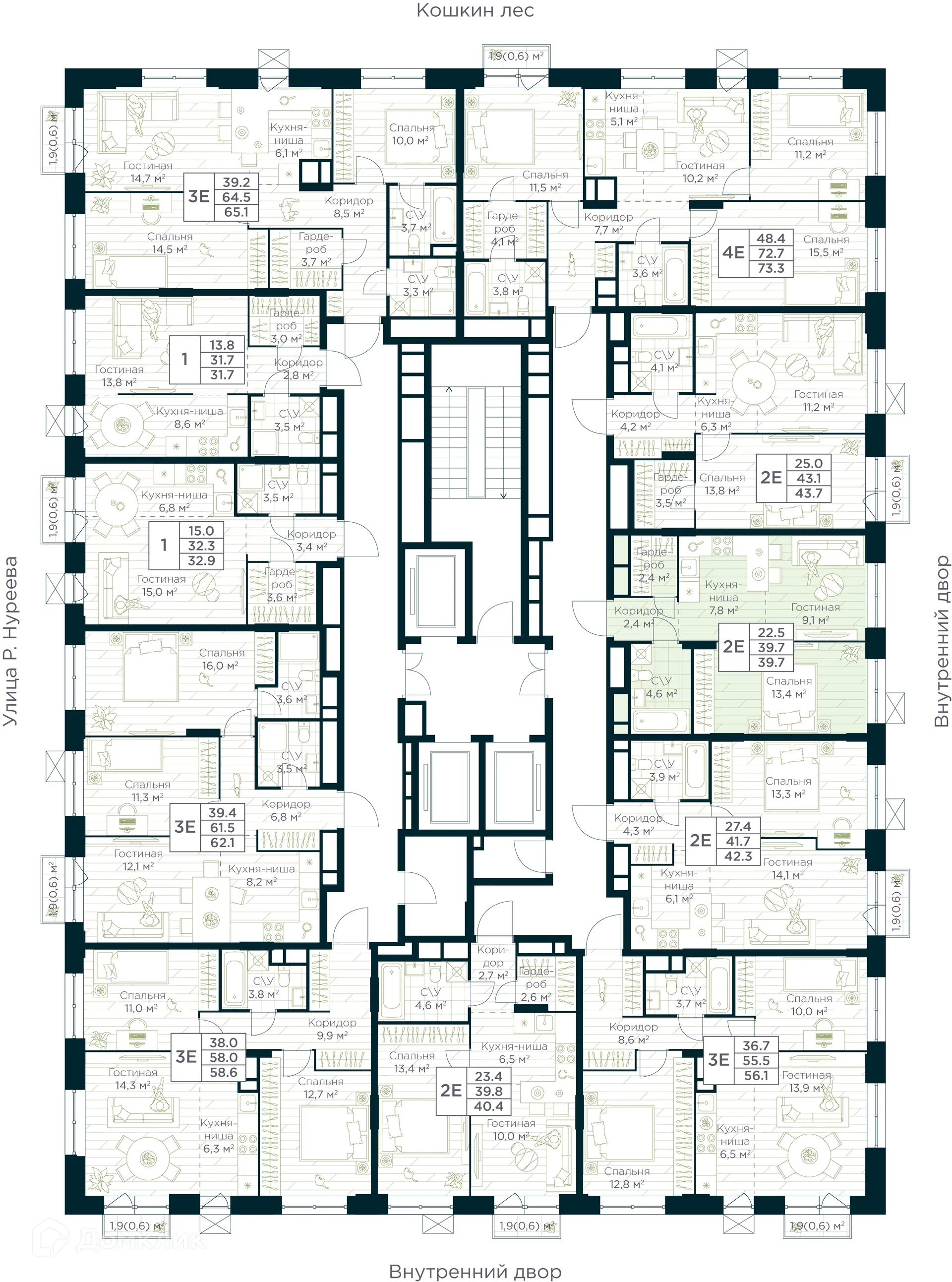 Планировка 2-комнатной квартиры 39.7 м² в ЖК URMAN Сity (Урман Сити), г. Уфа — фото 2