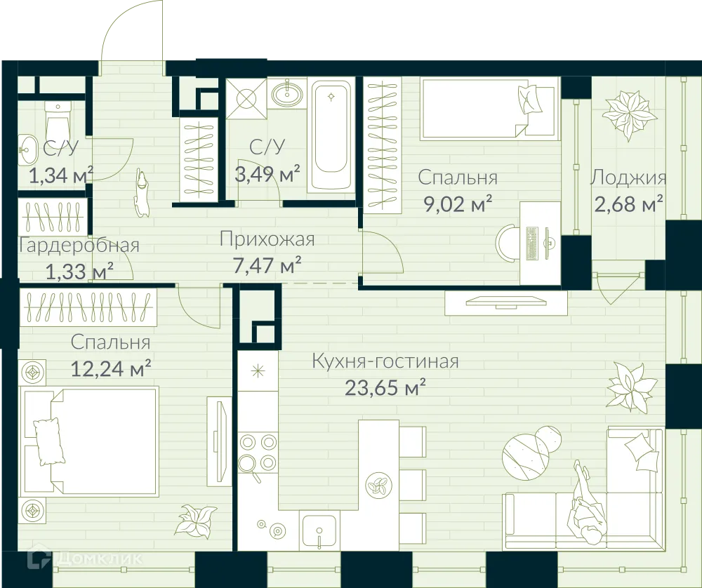 Планировка 3-комнатной квартиры 59.88 м² в ЖК URMAN Сity (Урман Сити), г. Уфа — фото 1