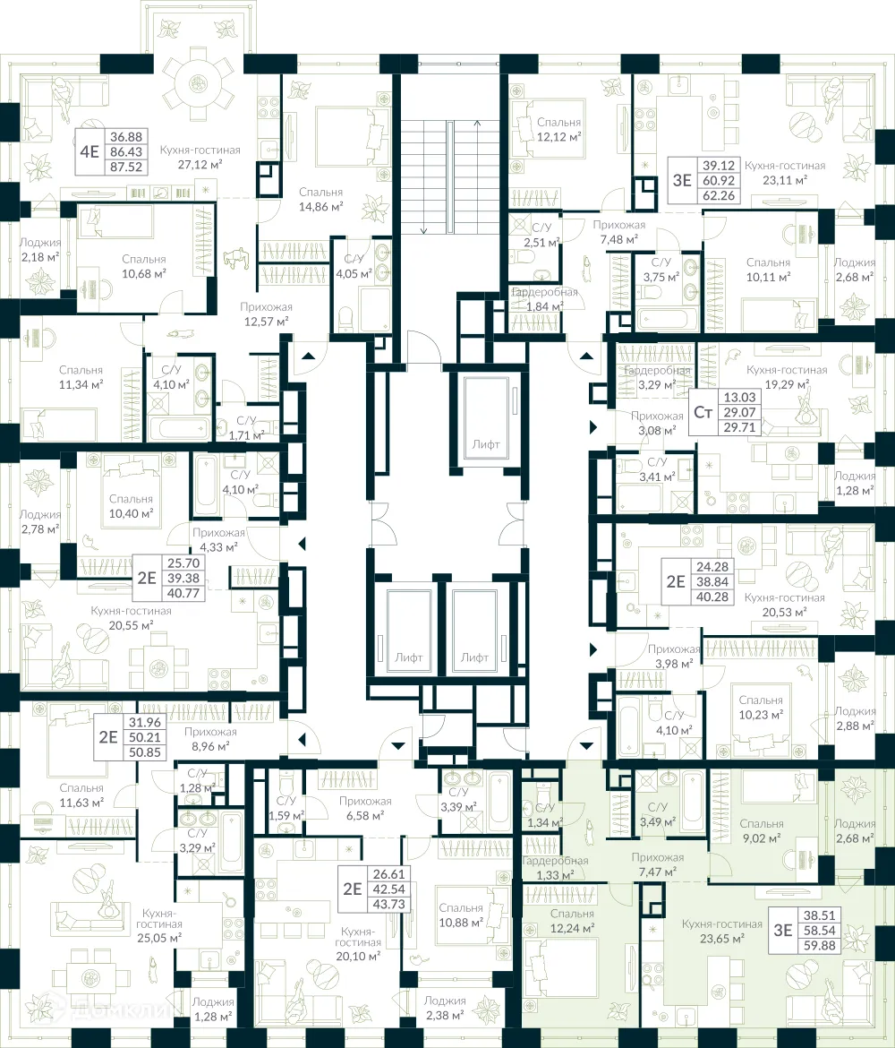 Планировка 3-комнатной квартиры 59.88 м² в ЖК URMAN Сity (Урман Сити), г. Уфа — фото 2