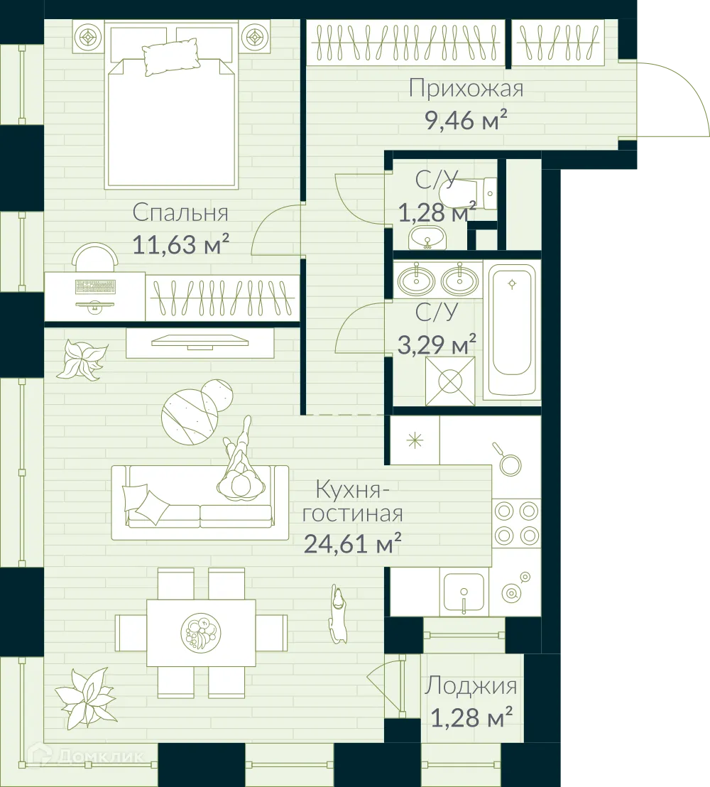 Планировка 1-комнатной квартиры 50.91 м² в ЖК URMAN Сity (Урман Сити), г. Уфа — фото 1