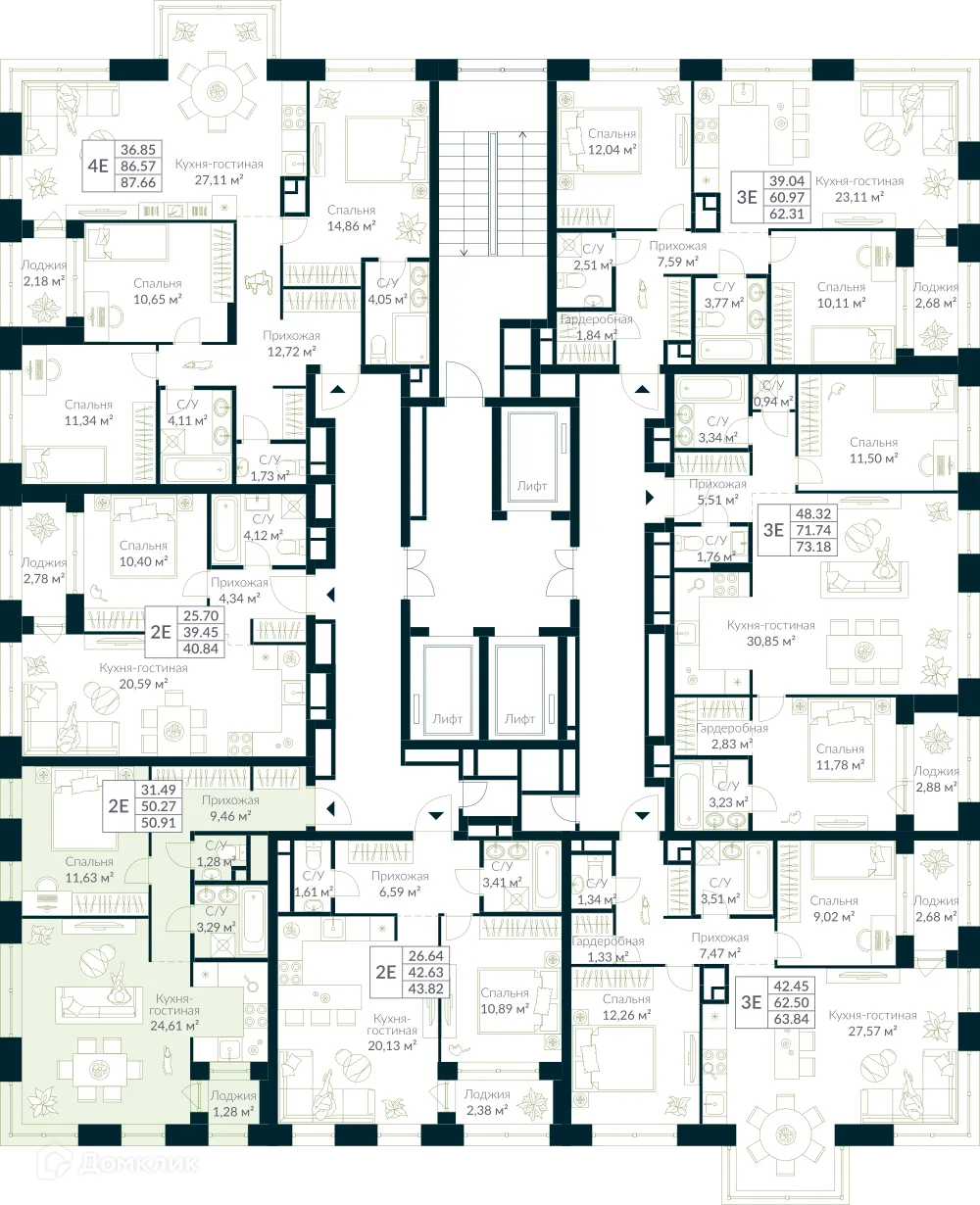Планировка 1-комнатной квартиры 50.91 м² в ЖК URMAN Сity (Урман Сити), г. Уфа — фото 2