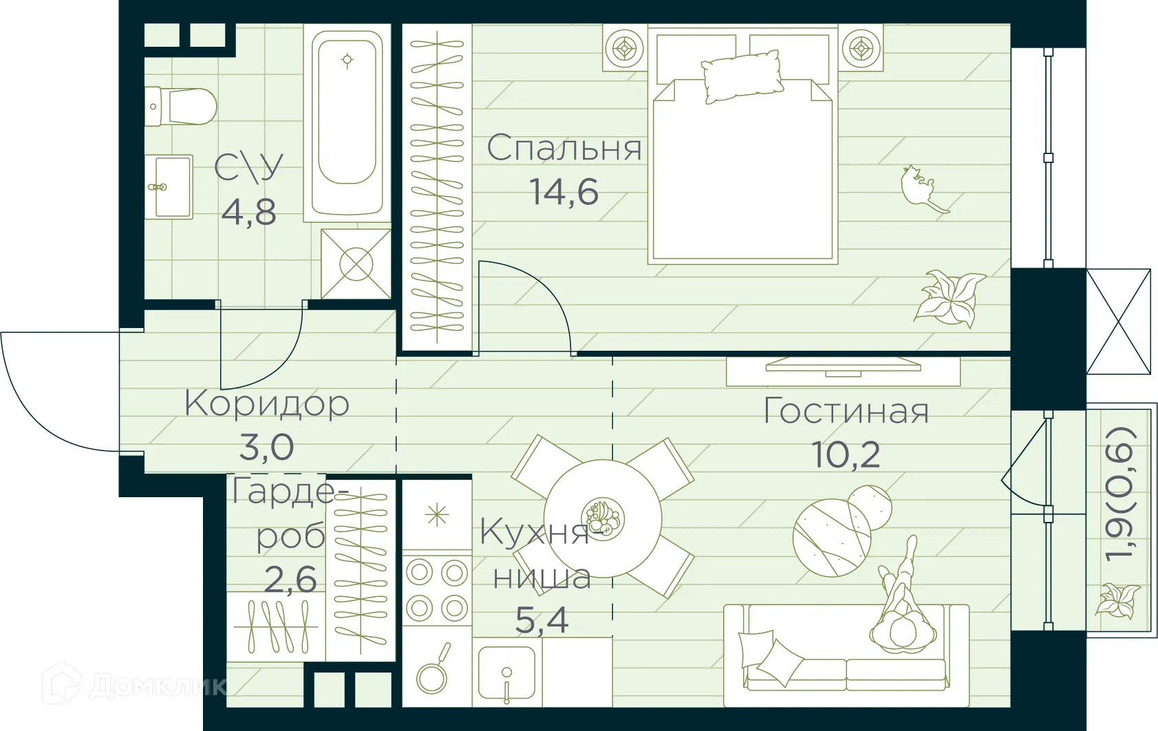Планировка 2-комнатной квартиры 41.2 м² в ЖК URMAN Сity (Урман Сити), г. Уфа — фото 1