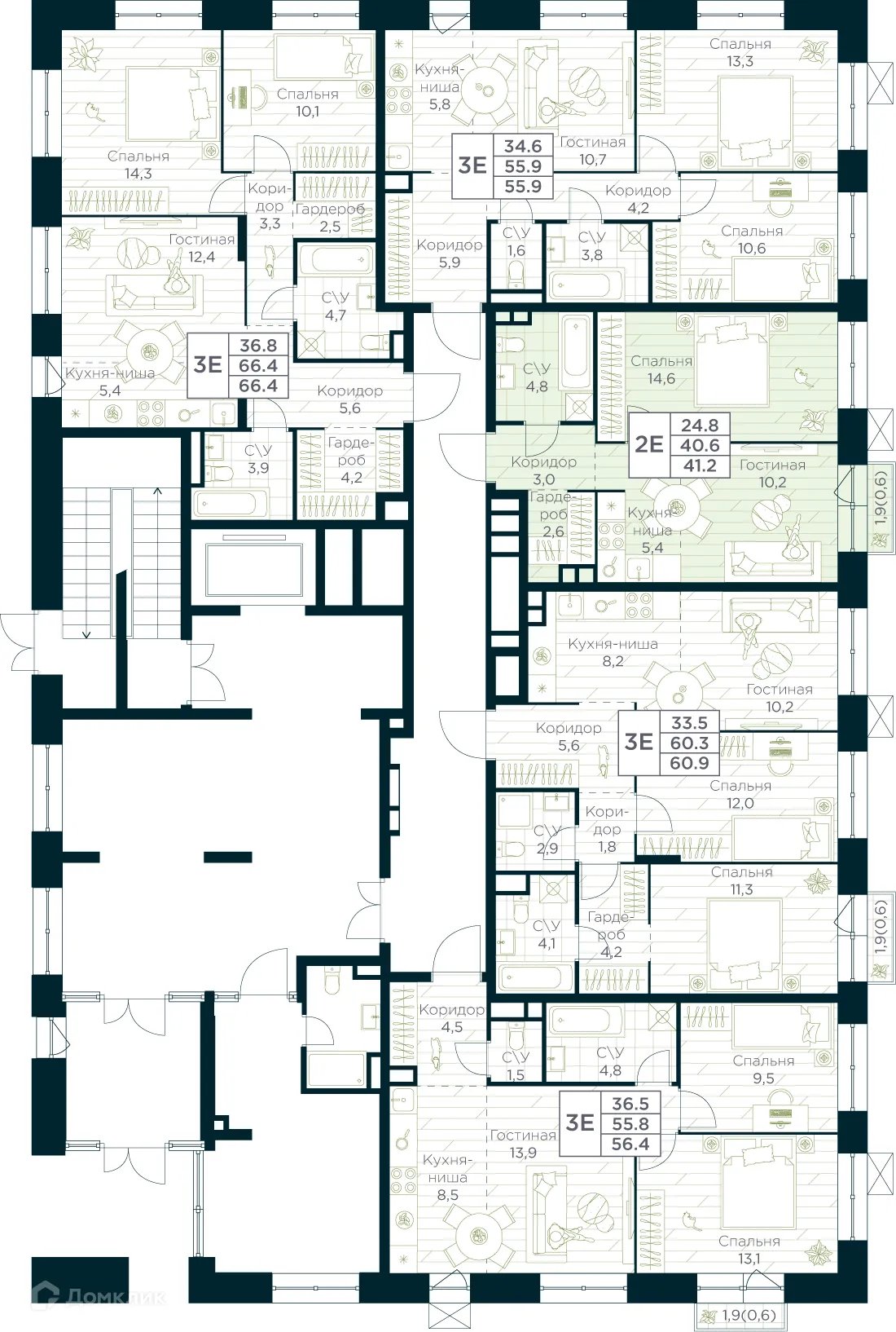 Планировка 2-комнатной квартиры 41.2 м² в ЖК URMAN Сity (Урман Сити), г. Уфа — фото 2