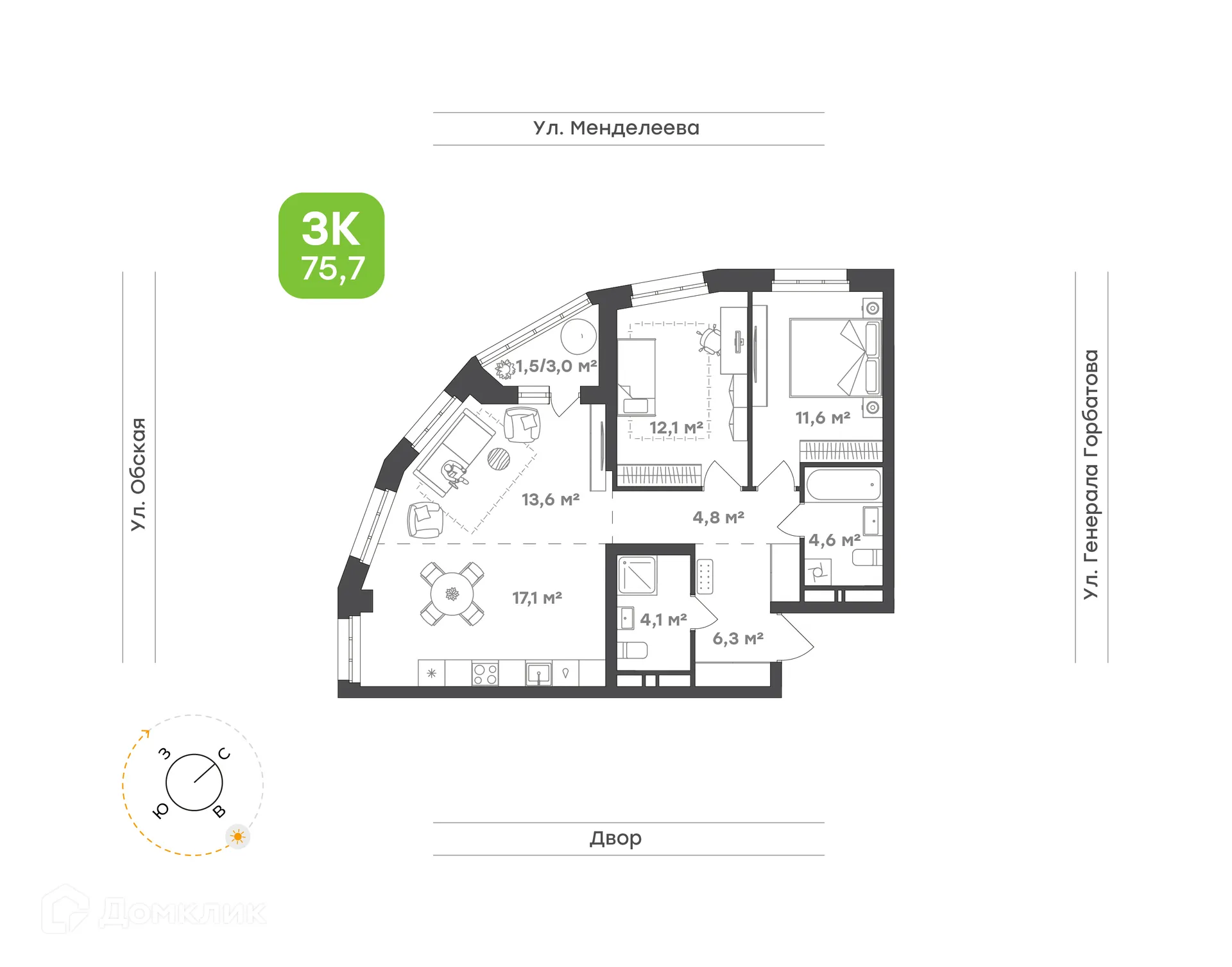 Планировка 3-комнатной квартиры 75.7 м² в ЖК Знаковый квартал Конди Нова, г. Уфа — фото 1