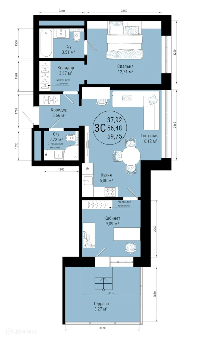 Планировка 3-комнатной квартиры 59.75 м² в ЖК VETER (Ветер), г. Уфа — фото 1