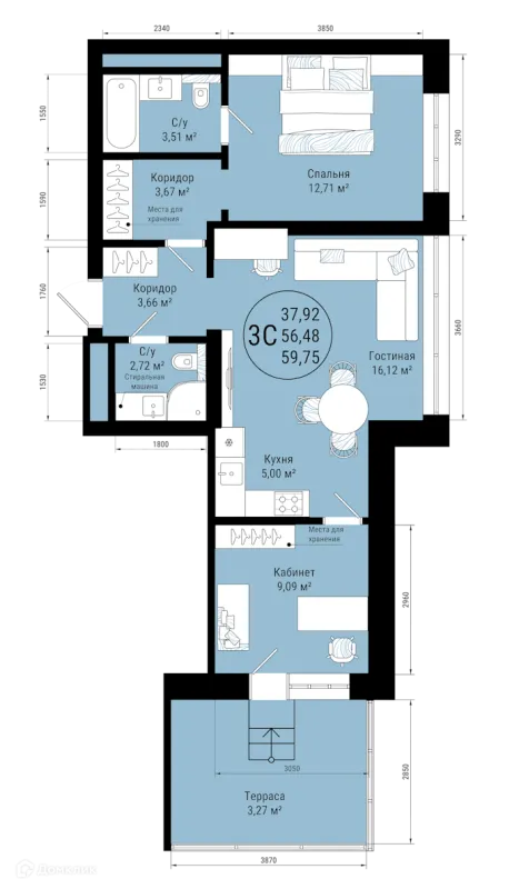 Планировка 3 комн. в ЖК VETER (Ветер)