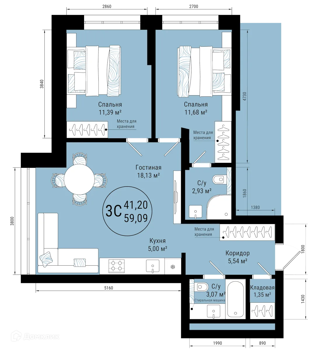 Планировка 3-комнатной квартиры 59.09 м² в ЖК VETER (Ветер), г. Уфа — фото 1
