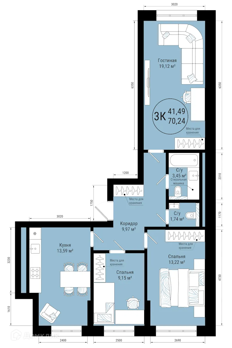 Планировка 3-комнатной квартиры 70.24 м² в ЖК VETER (Ветер), г. Уфа — фото 1