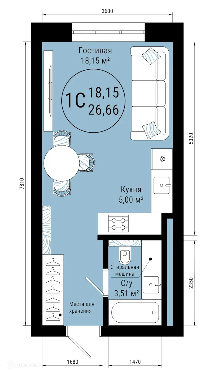 Планировка 1-комнатной квартиры 26.66 м² в ЖК VETER (Ветер), г. Уфа — фото 1