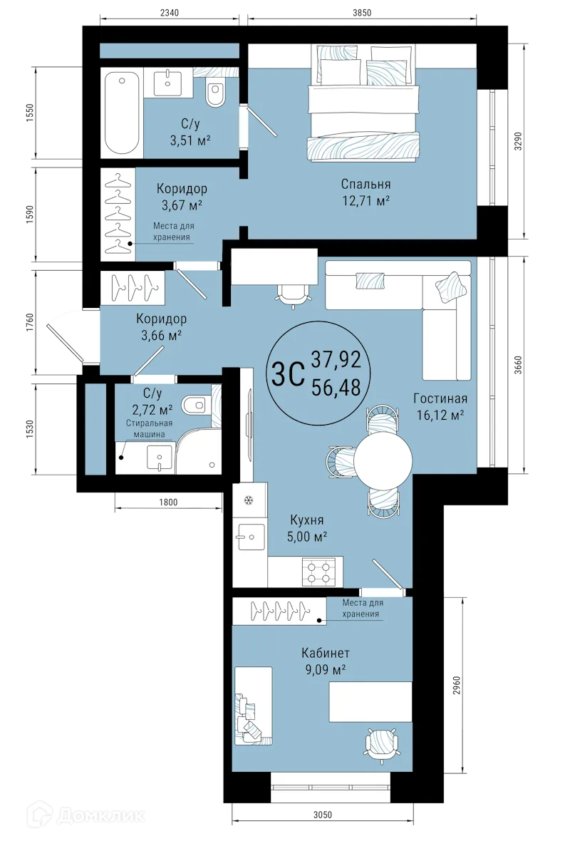 Планировка 3-комнатной квартиры 56.48 м² в ЖК VETER (Ветер), г. Уфа — фото 1