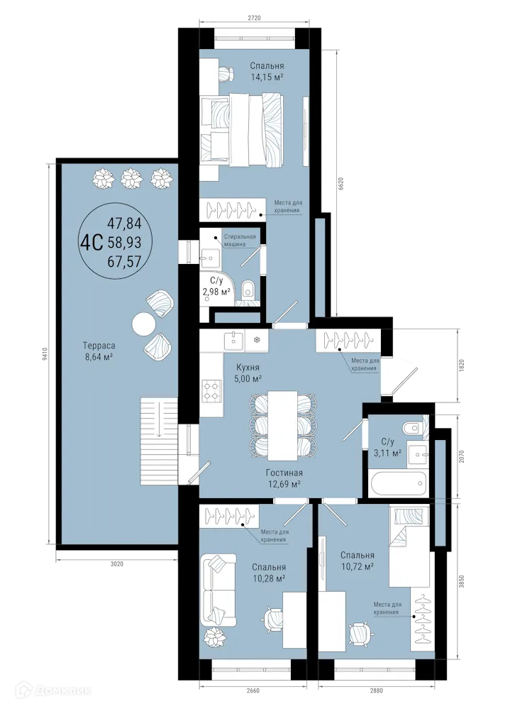 Планировка 4-комнатной квартиры 67.57 м² в ЖК VETER (Ветер), г. Уфа — фото 1