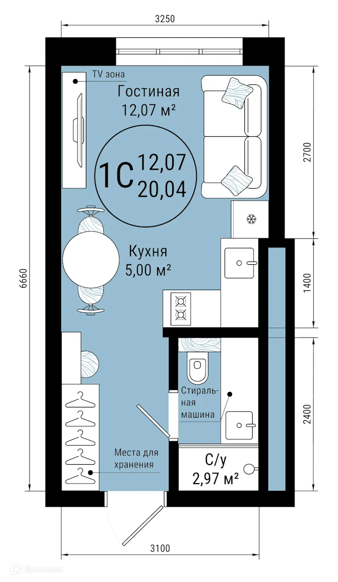 Планировка 1-комнатной квартиры 20.04 м² в ЖК VETER (Ветер), г. Уфа — фото 1