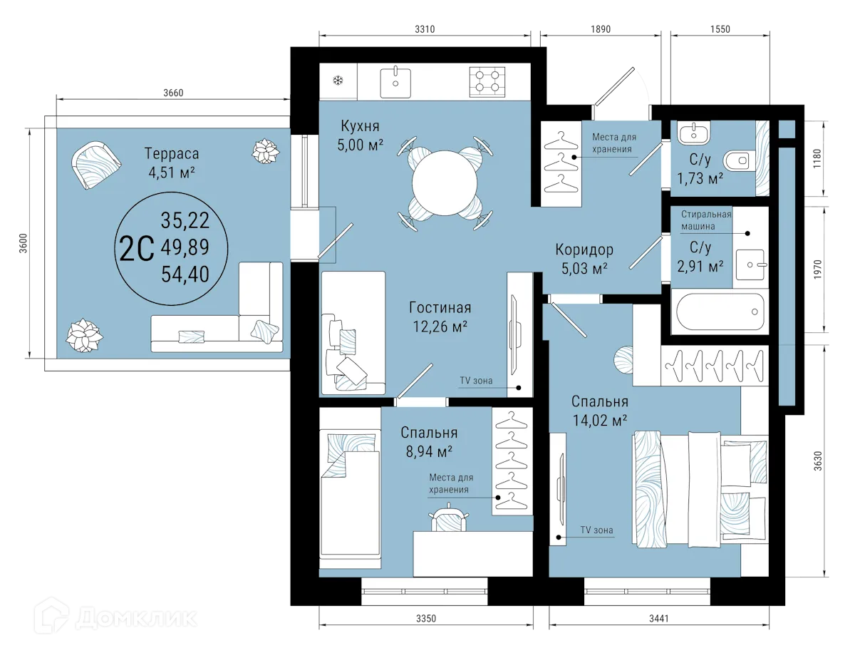 Планировка 3-комнатной квартиры 54.4 м² в ЖК VETER (Ветер), г. Уфа — фото 1