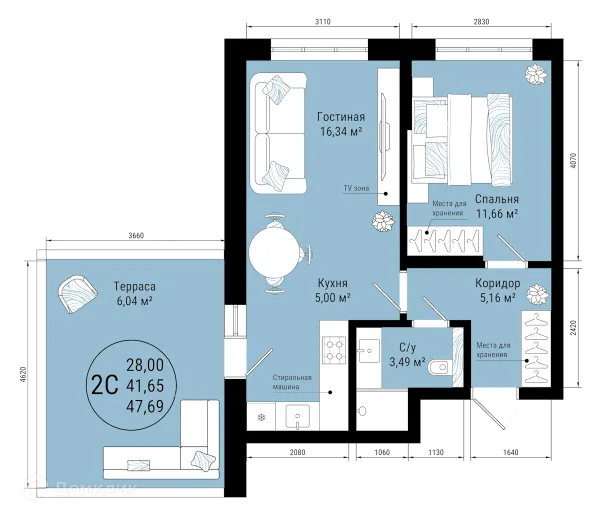 Планировка 2 комн. в ЖК VETER (Ветер)