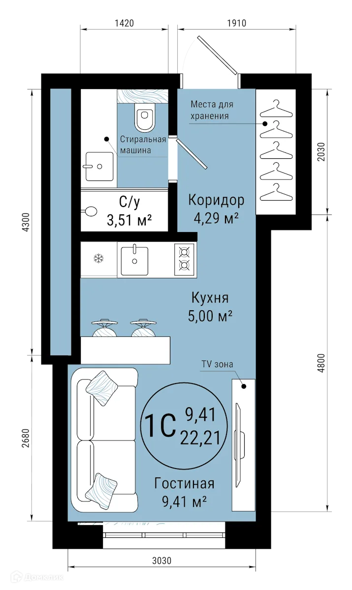 Планировка 1-комнатной квартиры 22.21 м² в ЖК VETER (Ветер), г. Уфа — фото 1