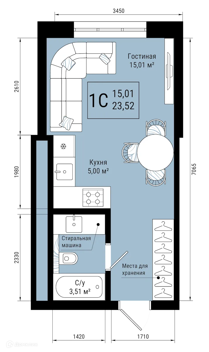 Планировка 1-комнатной квартиры 23.52 м² в ЖК VETER (Ветер), г. Уфа — фото 1