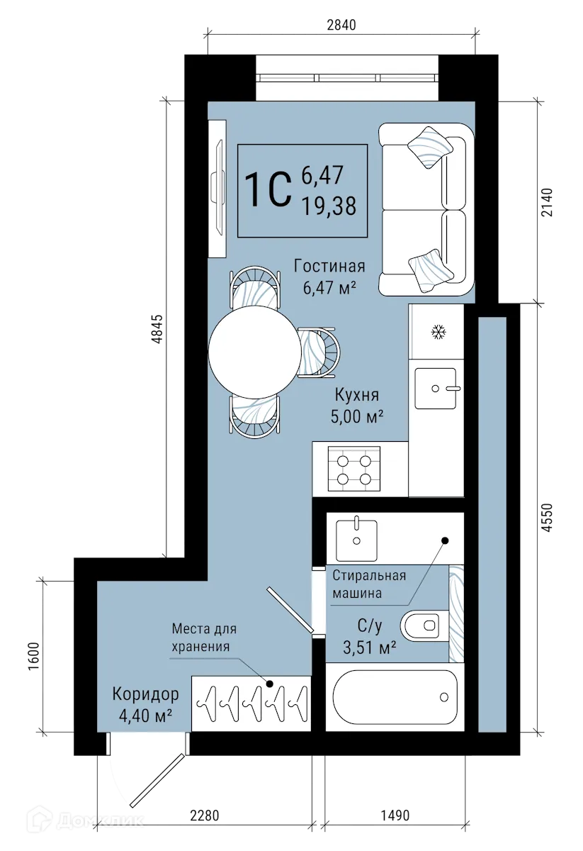 Планировка 1-комнатной квартиры 19.38 м² в ЖК VETER (Ветер), г. Уфа — фото 1