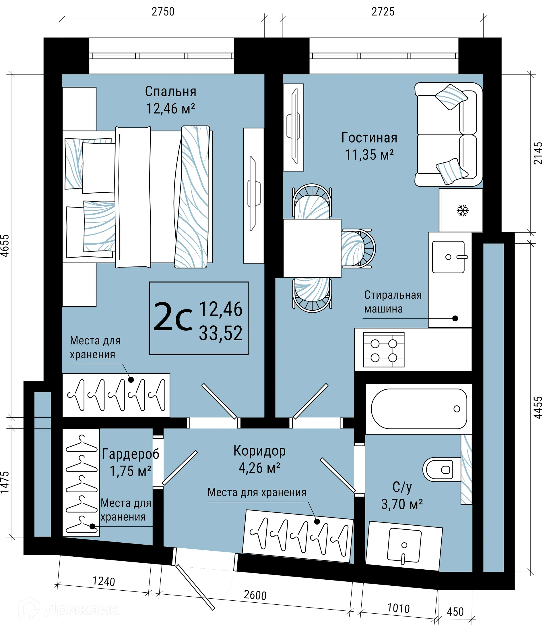 Планировка 2-комнатной квартиры 33.52 м² в ЖК VETER (Ветер), г. Уфа — фото 1