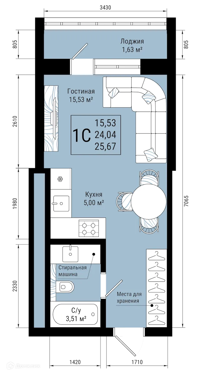 Планировка 1-комнатной квартиры 25.67 м² в ЖК VETER (Ветер), г. Уфа — фото 1