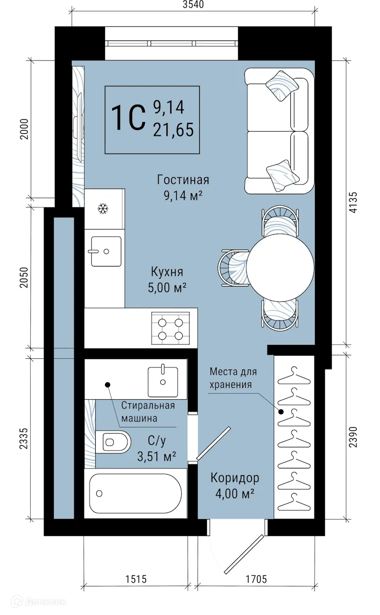 Планировка 1-комнатной квартиры 21.65 м² в ЖК VETER (Ветер), г. Уфа — фото 1