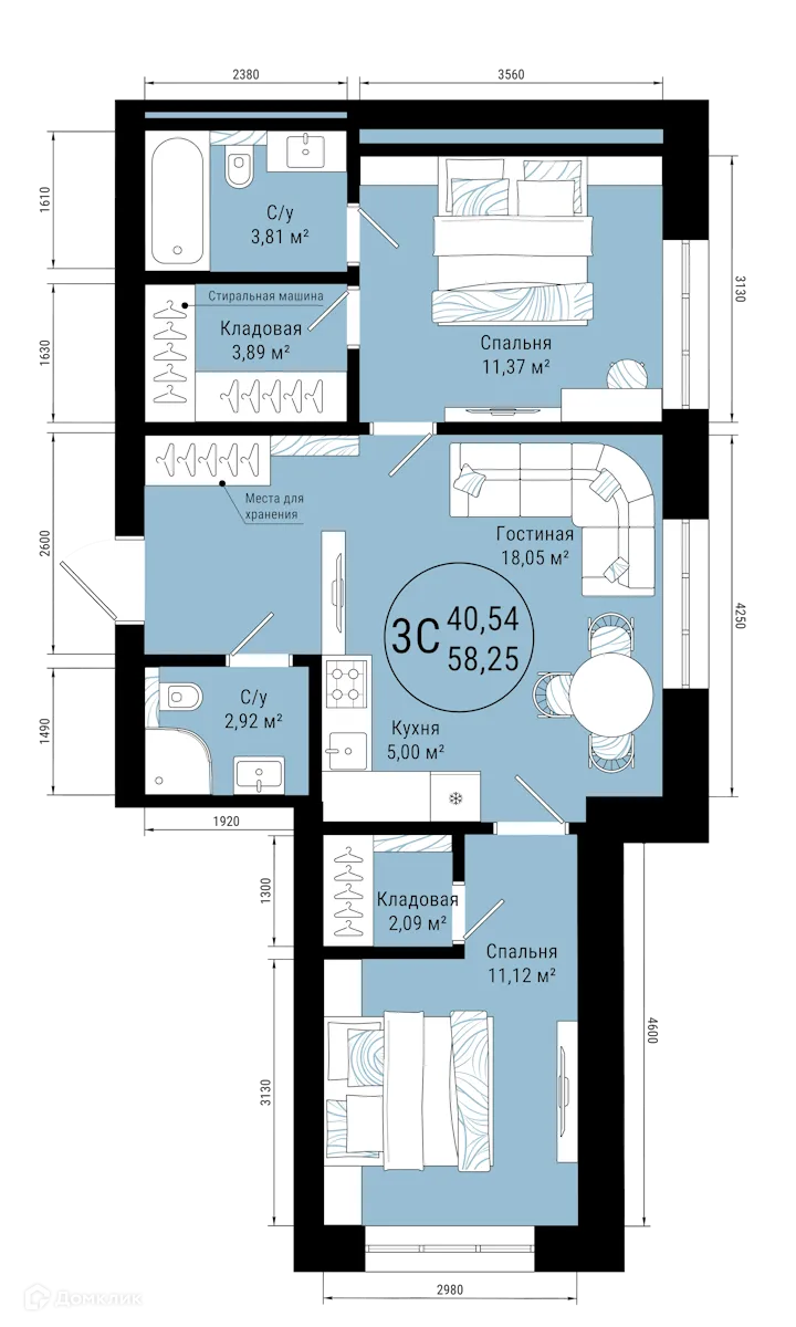 Планировка 3-комнатной квартиры 58.25 м² в ЖК VETER (Ветер), г. Уфа — фото 1