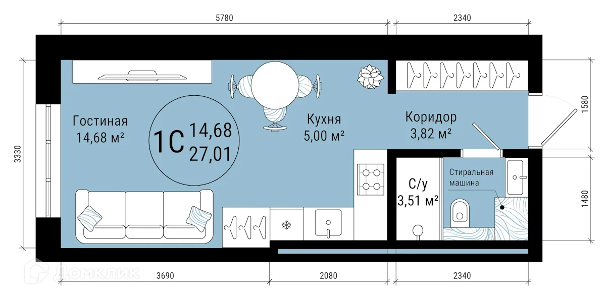 Планировка 1-комнатной квартиры 27.01 м² в ЖК VETER (Ветер), г. Уфа — фото 1