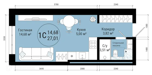 Планировка 1 комн. в ЖК VETER (Ветер)