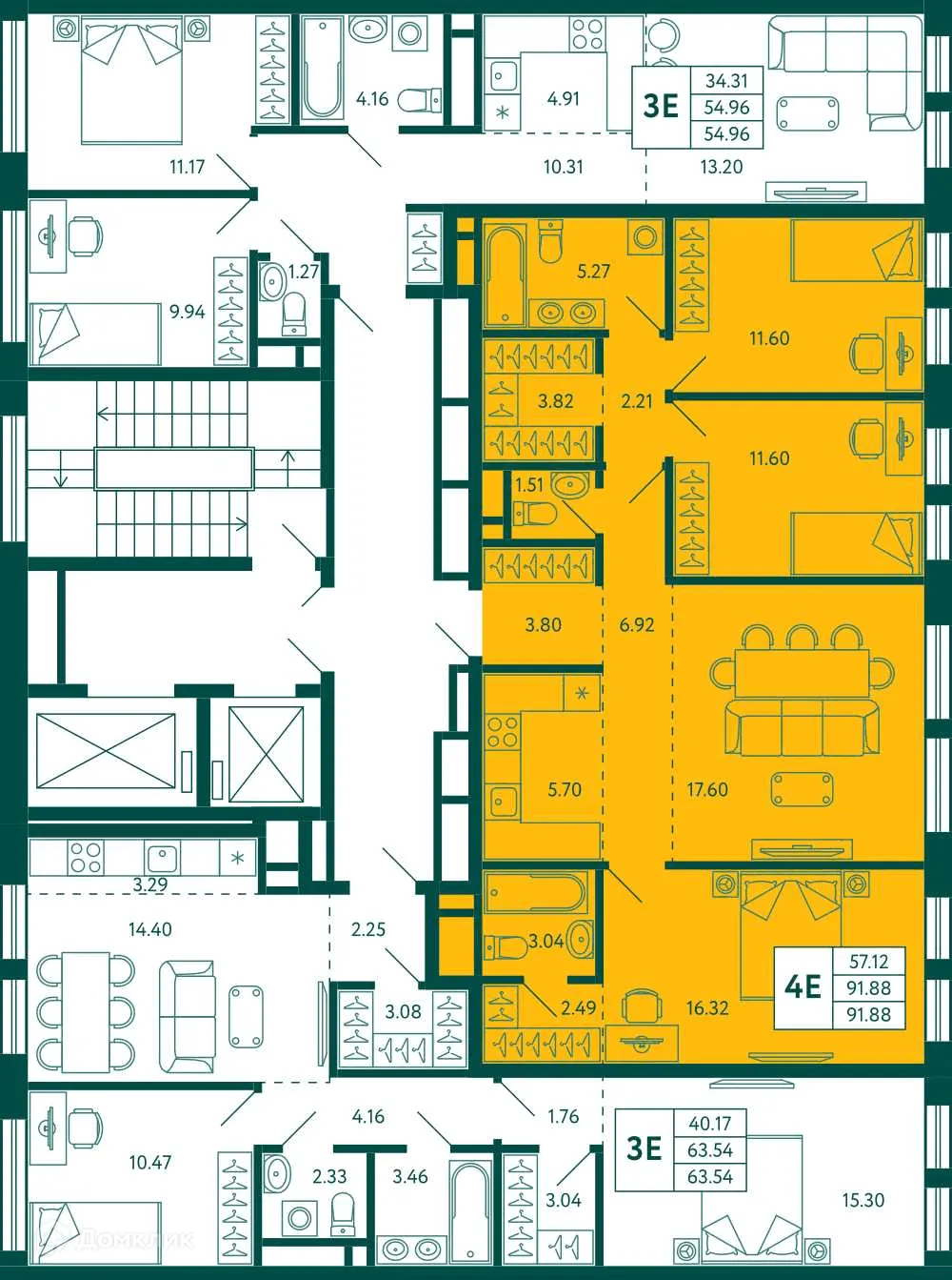 Планировка 3-комнатной квартиры 91.88 м² в ЖК Terle park (Терле Парк), г. Уфа — фото 2
