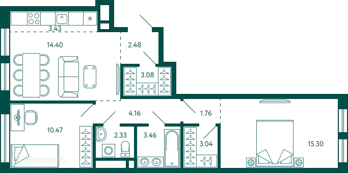 Планировка 2-комнатной квартиры 63.91 м² в ЖК Terle park (Терле Парк), г. Уфа — фото 1