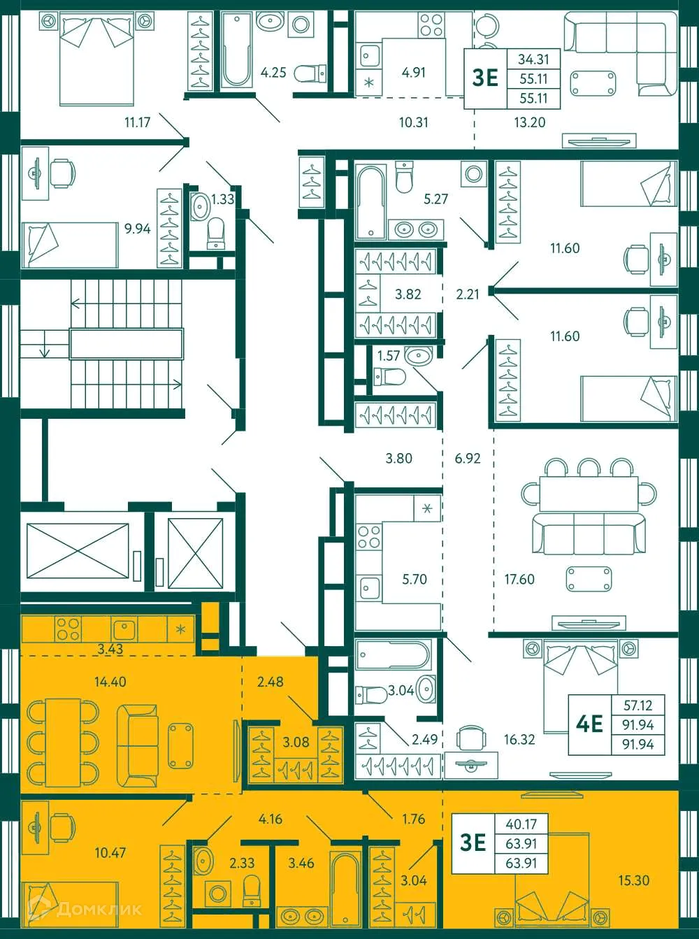 Планировка 2-комнатной квартиры 63.91 м² в ЖК Terle park (Терле Парк), г. Уфа — фото 2