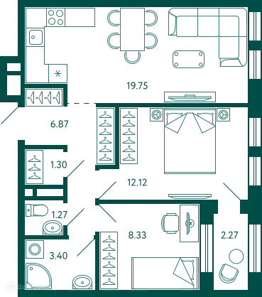 Планировка 2-комнатной квартиры 54.18 м² в ЖК Terle park (Терле Парк), г. Уфа — фото 1