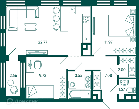 Планировка 2-комнатной квартиры 59.95 м² в ЖК Terle park (Терле Парк), г. Уфа — фото 1