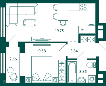 Планировка 1-комнатной квартиры 37.85 м² в ЖК Terle park (Терле Парк), г. Уфа — фото 1