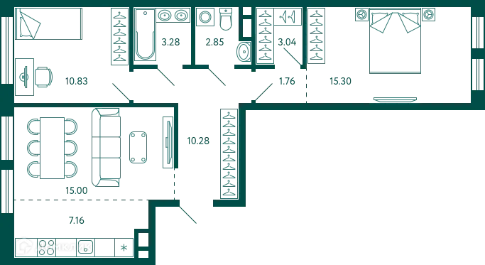 Планировка 2-комнатной квартиры 69.5 м² в ЖК Terle park (Терле Парк), г. Уфа — фото 1