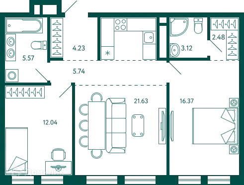 Планировка 2-комнатной квартиры 71.18 м² в ЖК Terle park (Терле Парк), г. Уфа — фото 1