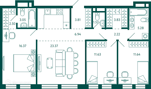 Планировка 3-комнатной квартиры 92.21 м² в ЖК Terle park (Терле Парк), г. Уфа — фото 1