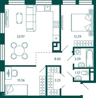 Планировка 2-комнатной квартиры 65.53 м² в ЖК Terle park (Терле Парк), г. Уфа — фото 1