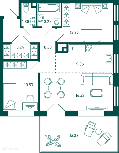 Планировка 2-комнатной квартиры 70.26 м² в ЖК Terle park (Терле Парк), г. Уфа — фото 1