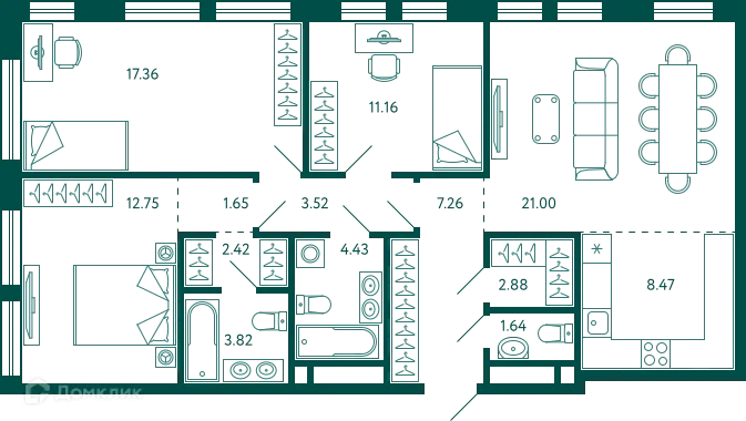 Планировка 3-комнатной квартиры 98.36 м² в ЖК Terle park (Терле Парк), г. Уфа — фото 1