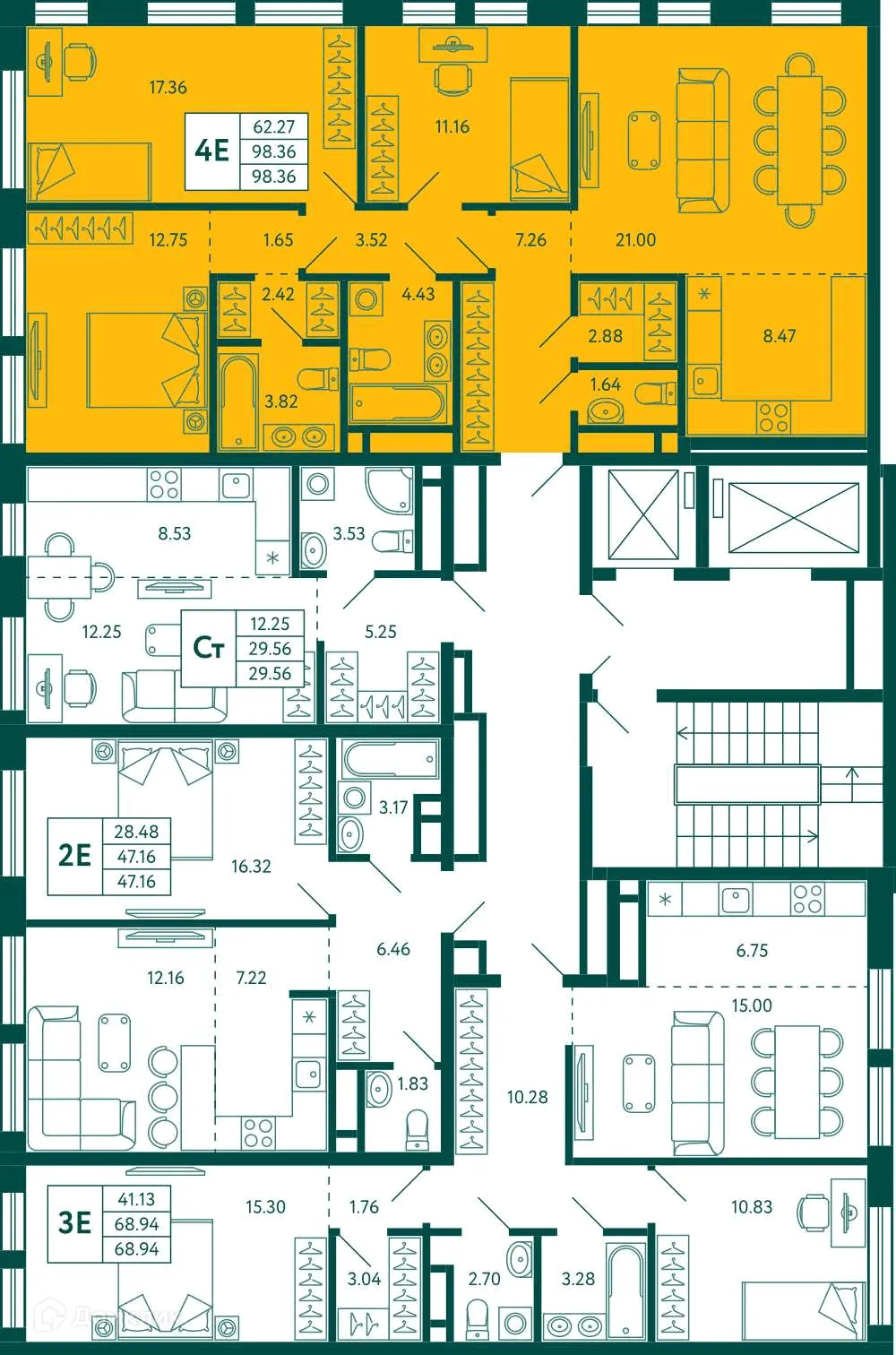 Планировка 3-комнатной квартиры 98.36 м² в ЖК Terle park (Терле Парк), г. Уфа — фото 2