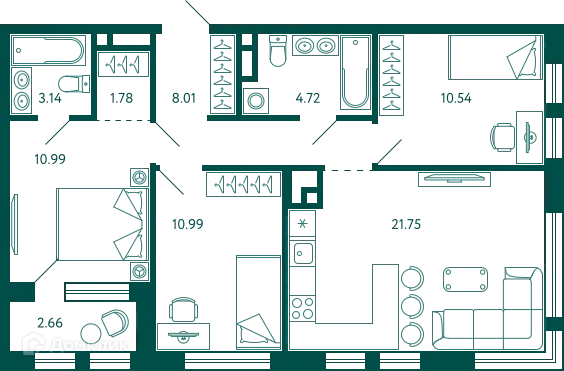 Планировка 3-комнатной квартиры 73.25 м² в ЖК Terle park (Терле Парк), г. Уфа — фото 1