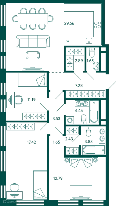 Планировка 3-комнатной квартиры 98.66 м² в ЖК Terle park (Терле Парк), г. Уфа — фото 1