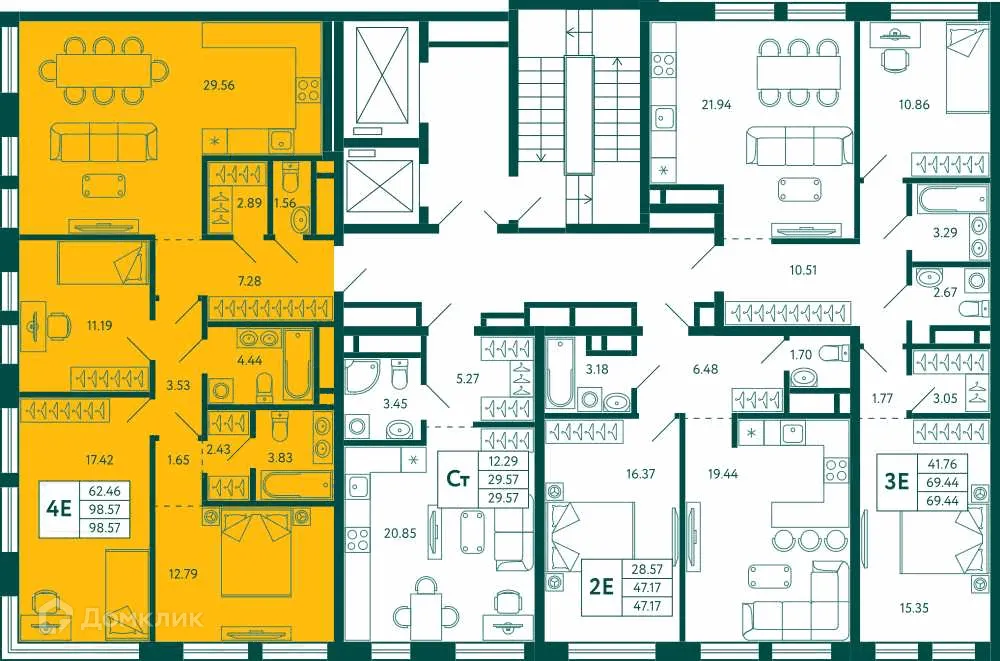Планировка 3-комнатной квартиры 98.57 м² в ЖК Terle park (Терле Парк), г. Уфа — фото 2