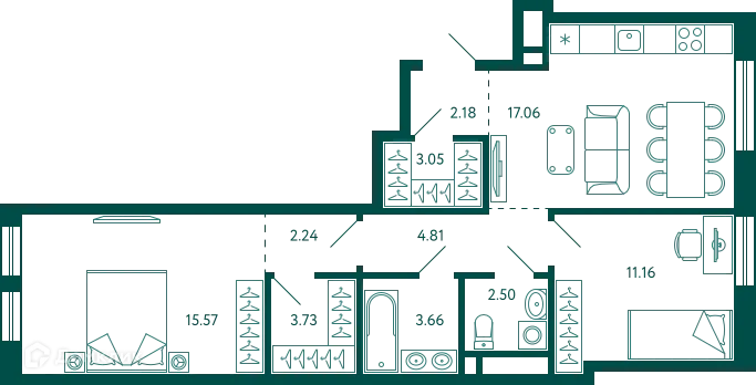 Планировка 2-комнатной квартиры 65.96 м² в ЖК Terle park (Терле Парк), г. Уфа — фото 1